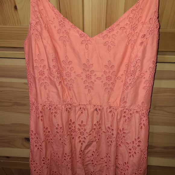 Coral Tea Length Spaghetti Strap Eyelet Dress - Picture 4 of 6